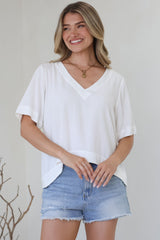 Shandy Top - V-Neck Boxy High Low Top with Short Sleeves in White