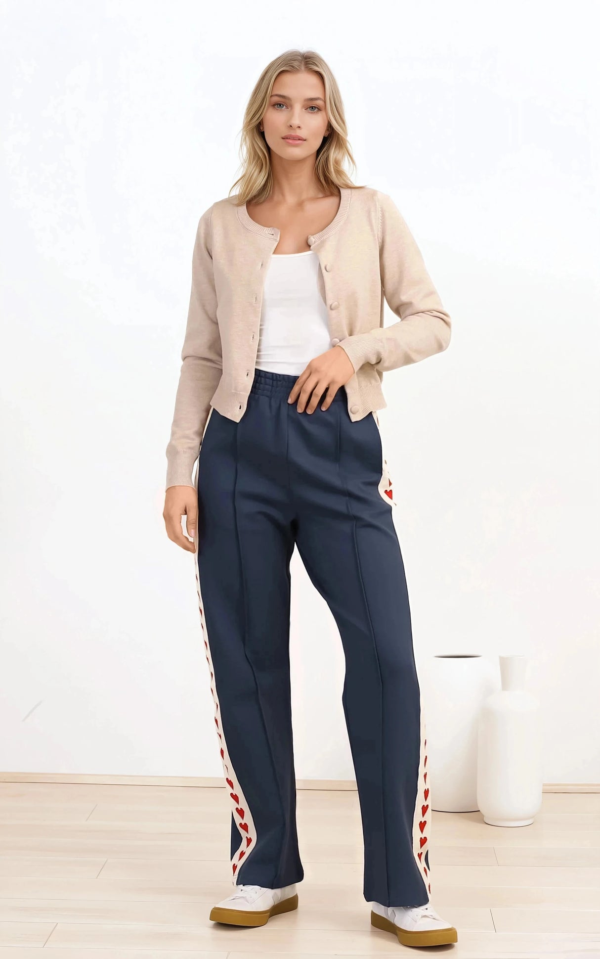 Shanty Pants - High Waisted Straight Leg Pants with Heart Side Strip in Blue
