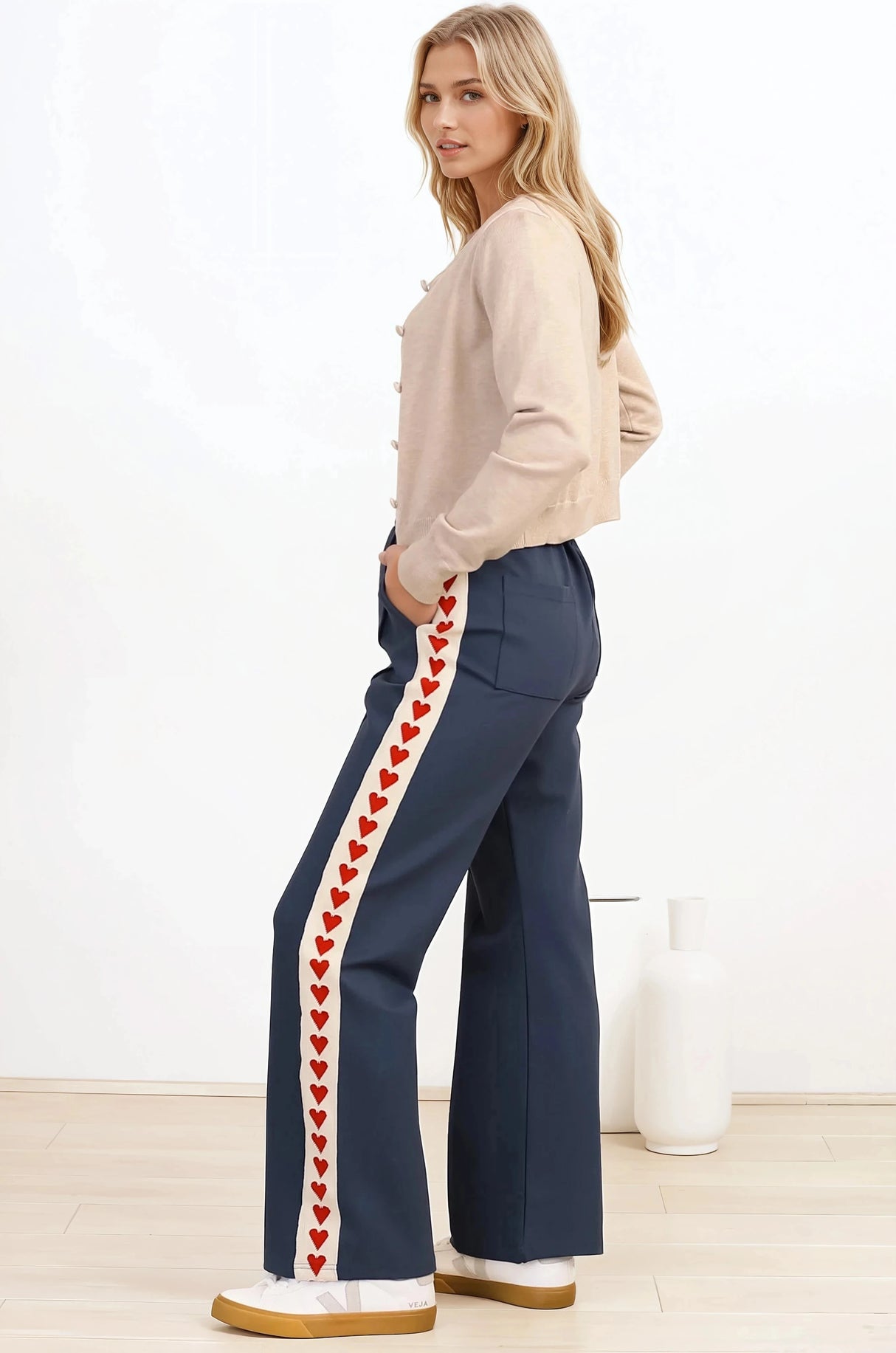 Shanty Pants - High Waisted Straight Leg Pants with Heart Side Strip in Blue