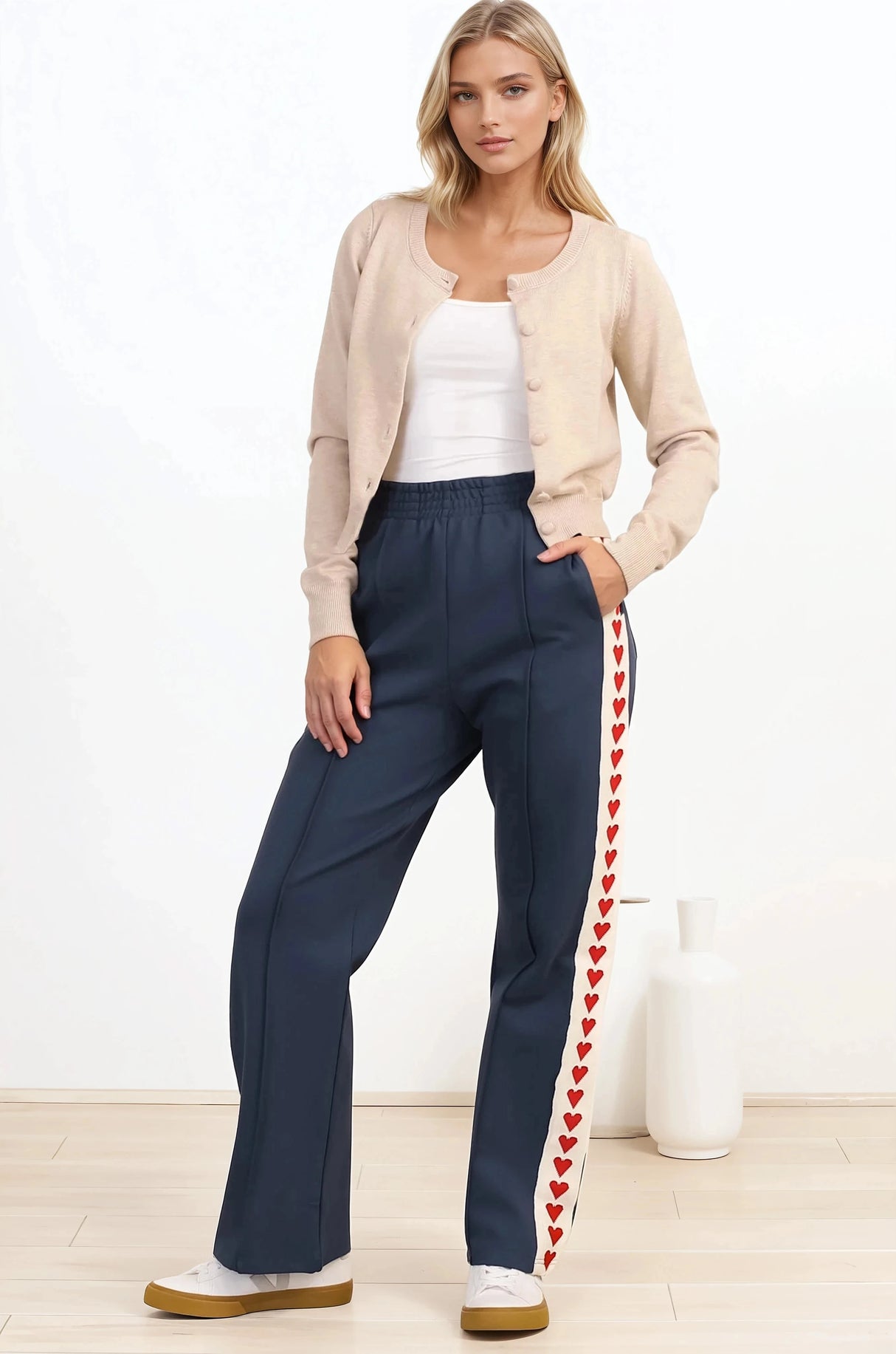 Shanty Pants - High Waisted Straight Leg Pants with Heart Side Strip in Blue