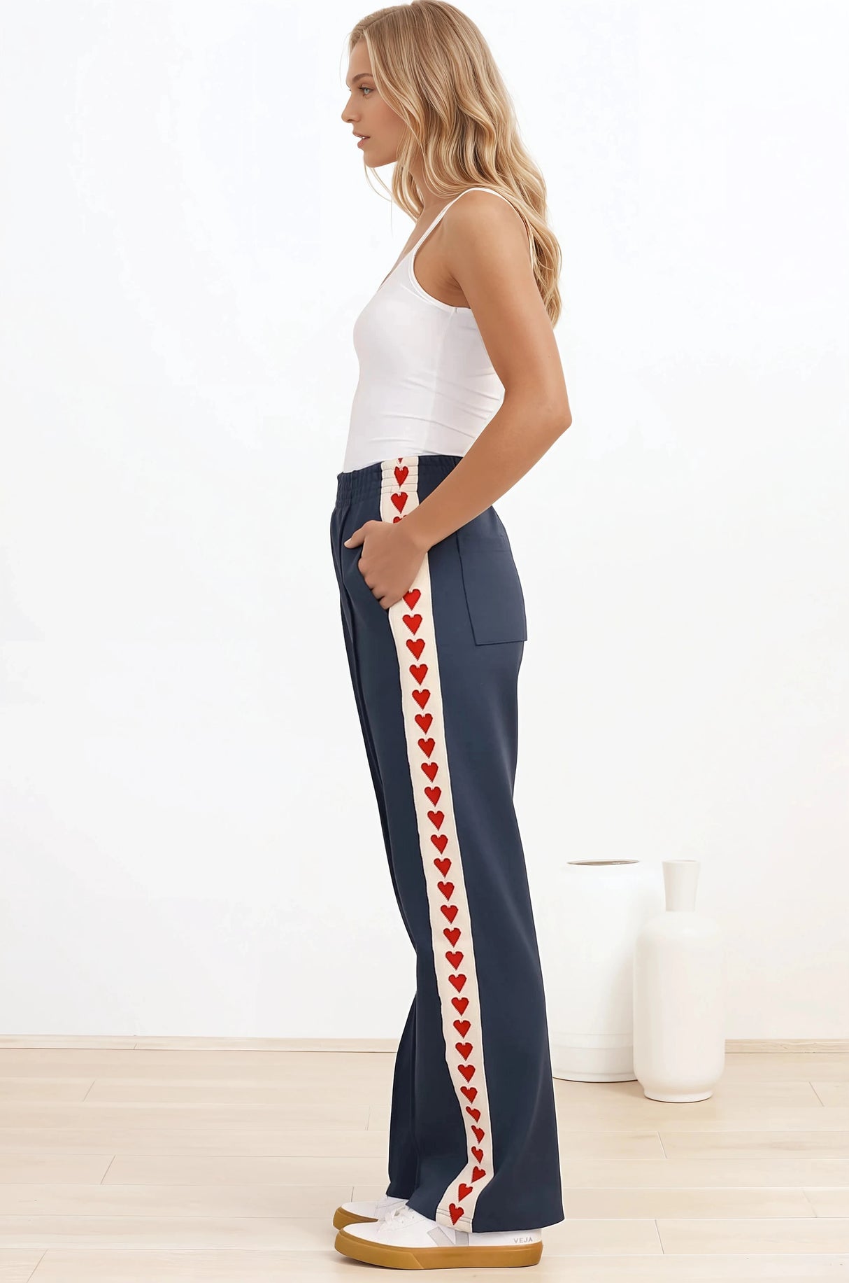 Shanty Pants - High Waisted Straight Leg Pants with Heart Side Strip in Blue