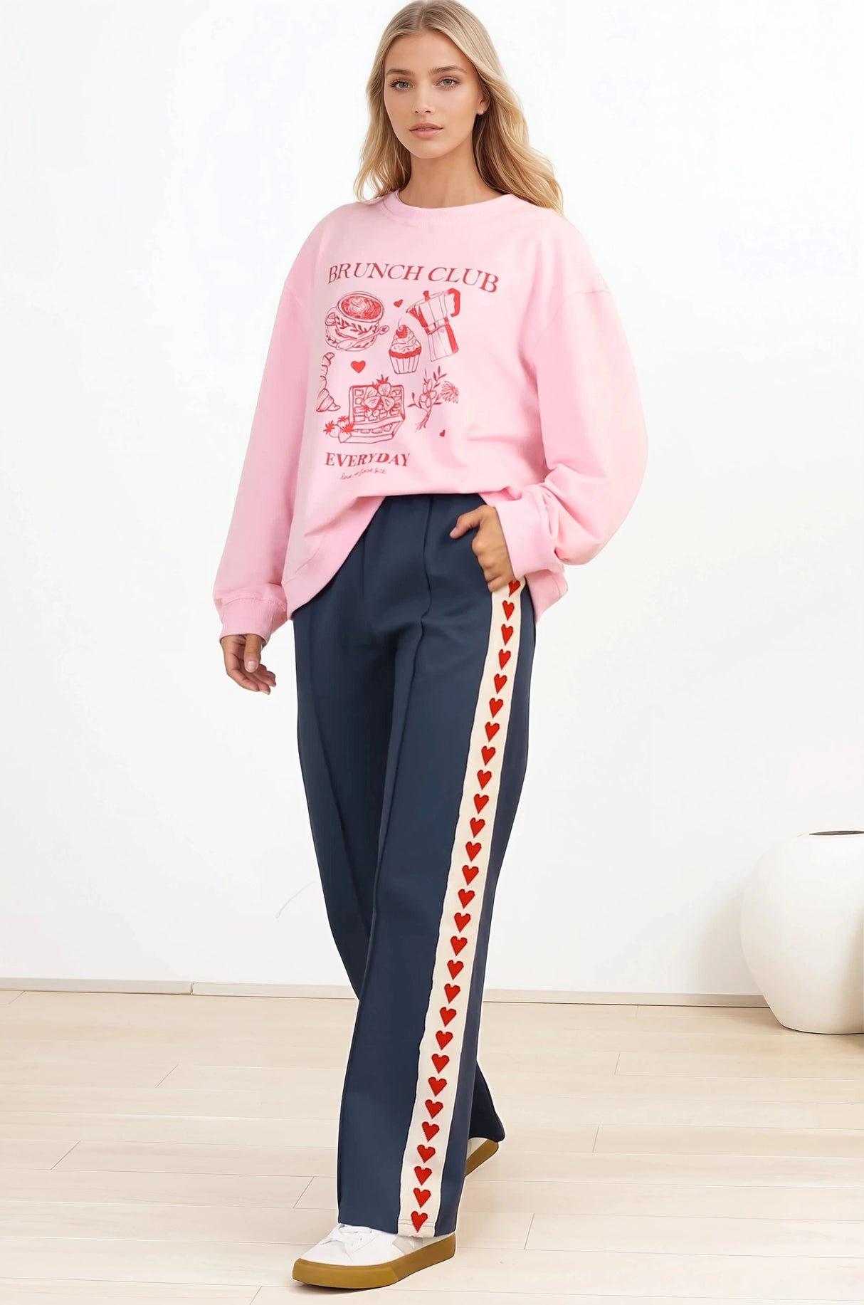 Shanty Pants - High Waisted Straight Leg Pants with Heart Side Strip in Blue