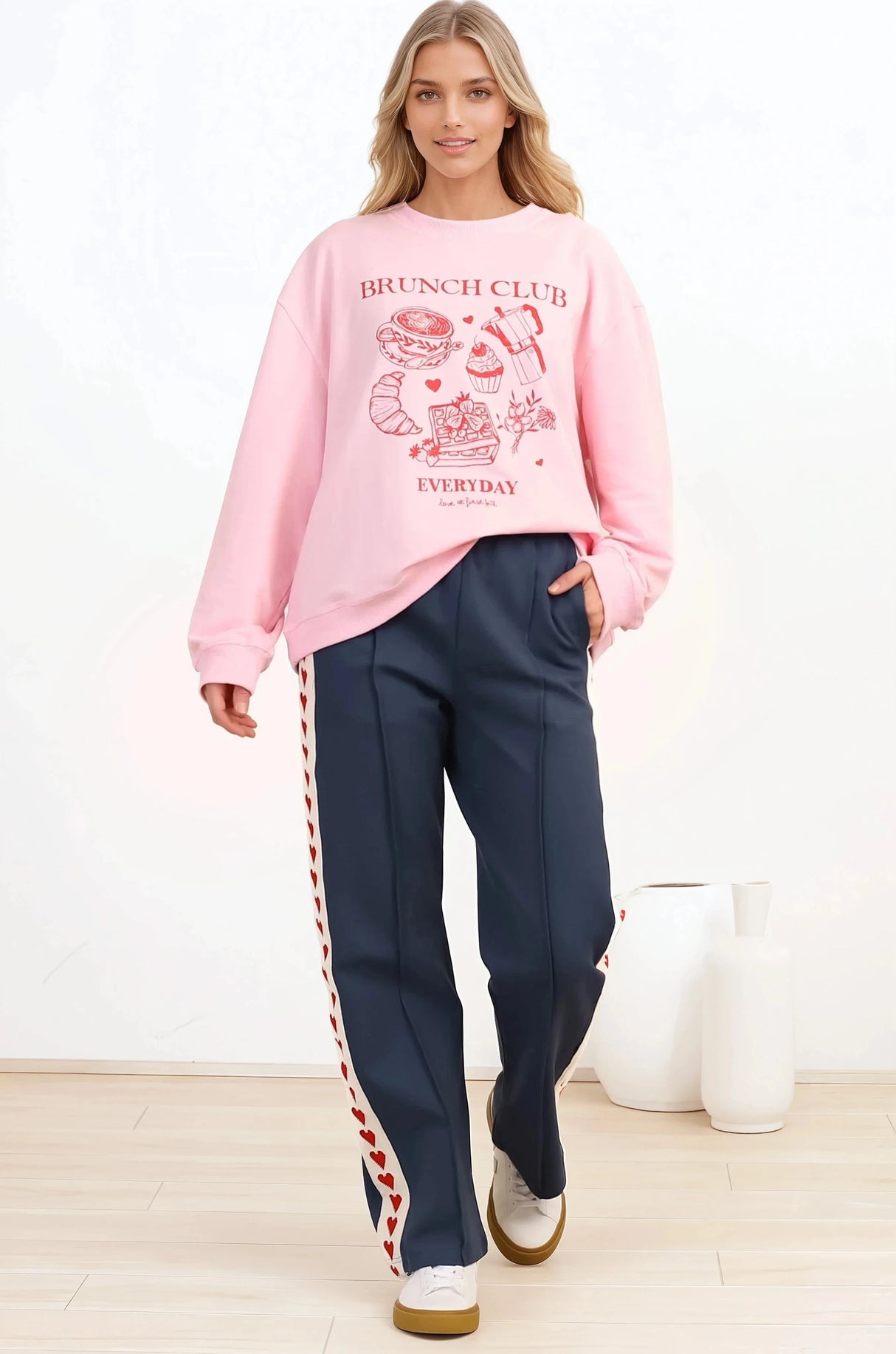 Shanty Pants - High Waisted Straight Leg Pants with Heart Side Strip in Blue