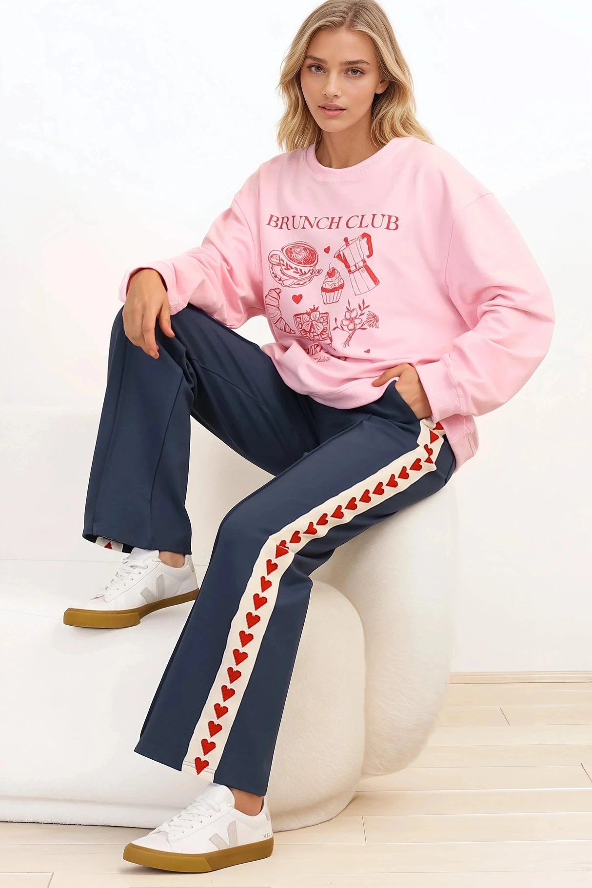 Shanty Pants - High Waisted Straight Leg Pants with Heart Side Strip in Blue