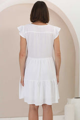 Sharie Mini Dress - Sweet Tiered Cap Sleeve Dress with Pockets in White