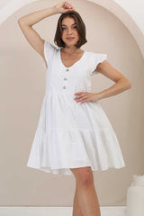 Sharie Mini Dress - Sweet Tiered Cap Sleeve Dress with Pockets in White