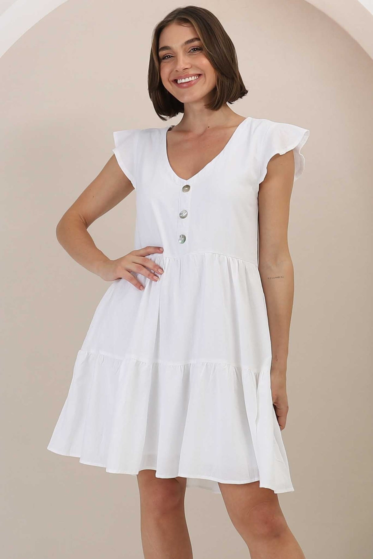 Sharie Mini Dress - Sweet Tiered Cap Sleeve Dress with Pockets in White