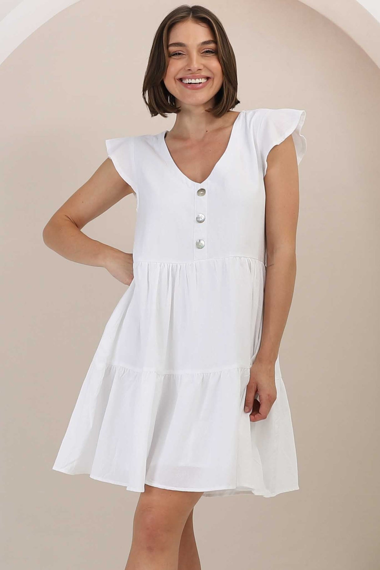 Sharie Mini Dress - Sweet Tiered Cap Sleeve Dress with Pockets in White