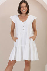 Sharie Mini Dress - Sweet Tiered Cap Sleeve Dress with Pockets in White