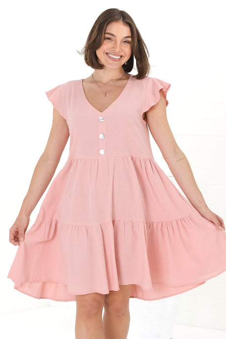 Sharie Mini Dress - Sweet Tiered Cap Sleeve Dress with Pockets in Pink