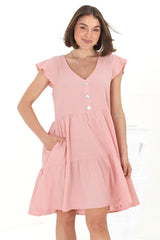 Sharie Mini Dress - Sweet Tiered Cap Sleeve Dress with Pockets in Pink