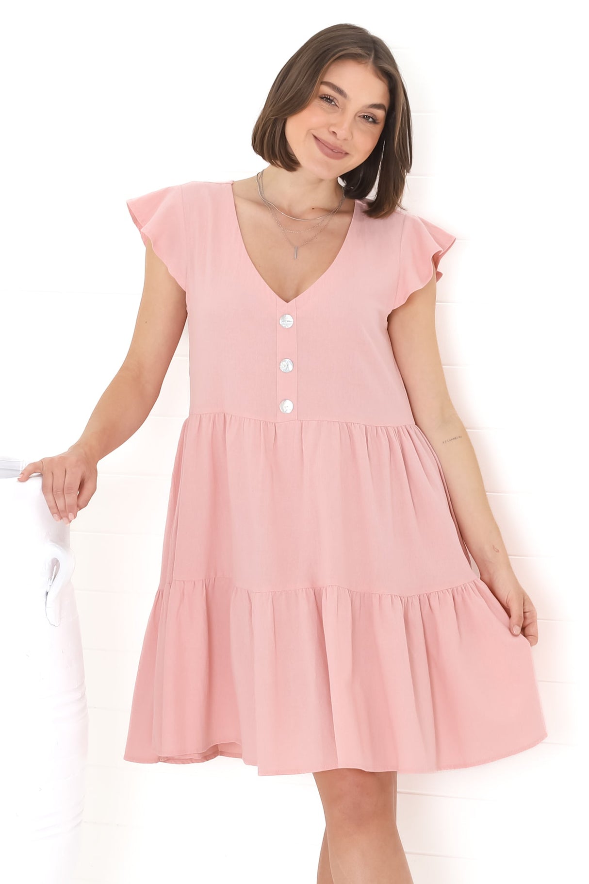 Sharie Mini Dress - Sweet Tiered Cap Sleeve Dress with Pockets in Pink