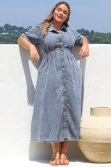 Sharlan Midi Dress - A-Line Button Detailed Denim Dress in Mid Denim Wash
