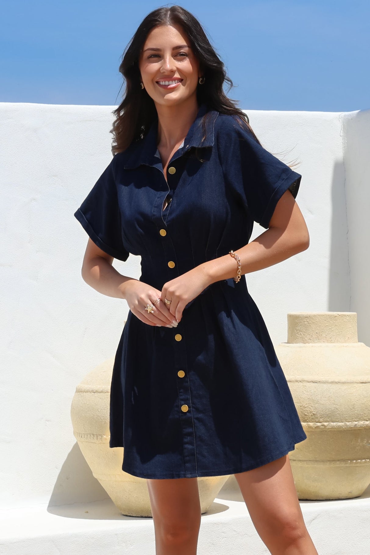 Sharlan Mini Dress - A-Line Button Detailed Denim Dress in Dark Denim