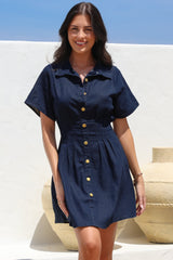 Sharlan Mini Dress - A-Line Button Detailed Denim Dress in Dark Denim