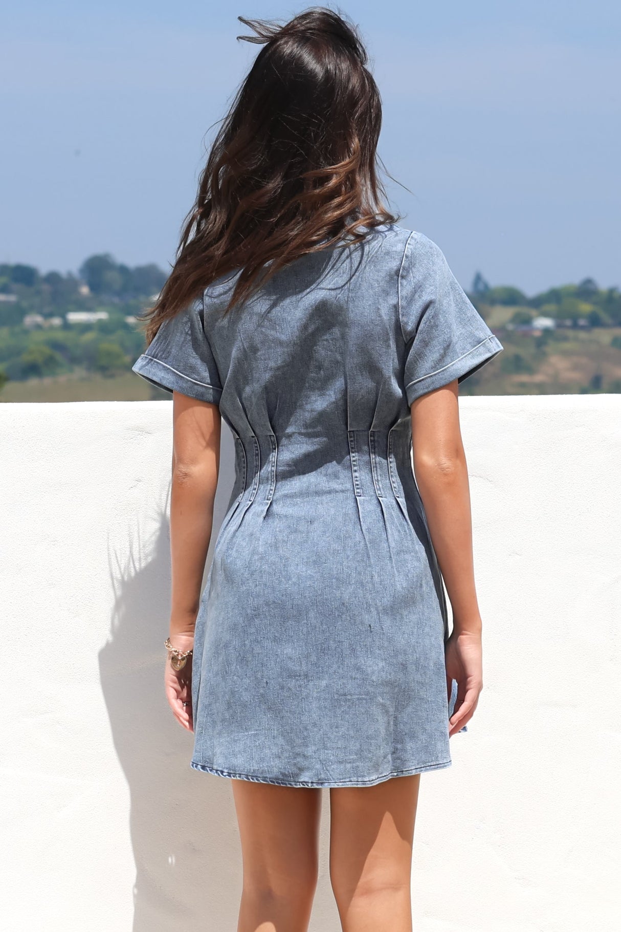 Sharlan Mini Dress - A-Line Button Detailed Denim Dress in Mid Denim Wash