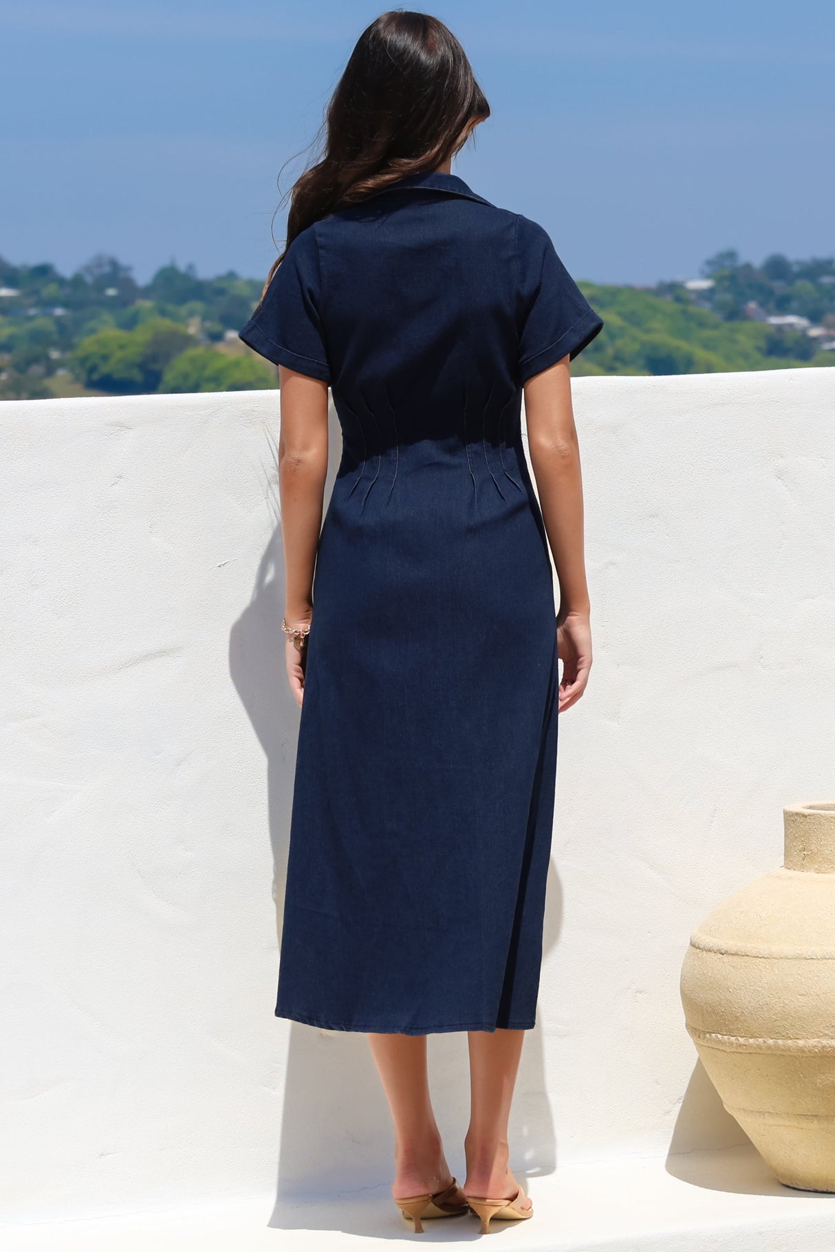 Sharlan Midi Dress - A-Line Button Detailed Denim Dress in Dark Denim