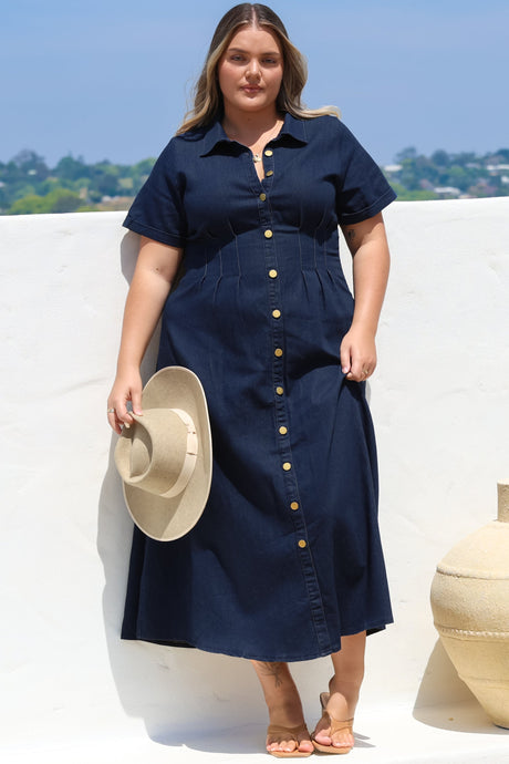 Sharlan Midi Dress - A-Line Button Detailed Denim Dress in Dark Denim
