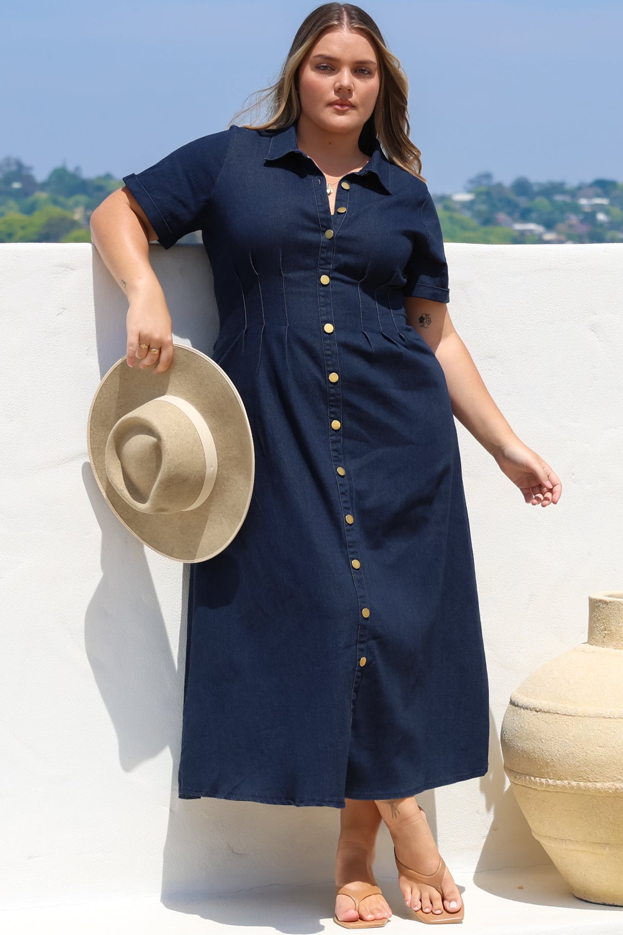 Sharlan Midi Dress - A-Line Button Detailed Denim Dress in Dark Denim