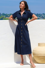 Sharlan Midi Dress - A-Line Button Detailed Denim Dress in Dark Denim