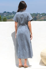 Sharlan Midi Dress - A-Line Button Detailed Denim Dress in Mid Denim Wash