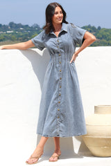Sharlan Midi Dress - A-Line Button Detailed Denim Dress in Mid Denim Wash