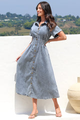 Sharlan Midi Dress - A-Line Button Detailed Denim Dress in Mid Denim Wash