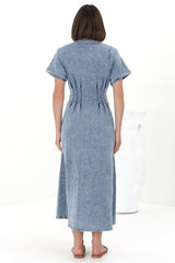 Sharlan Midi Dress - A-Line Button Detailed Denim Dress in Mid Denim Wash