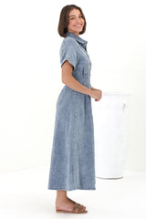 Sharlan Midi Dress - A-Line Button Detailed Denim Dress in Mid Denim Wash