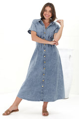 Sharlan Midi Dress - A-Line Button Detailed Denim Dress in Mid Denim Wash