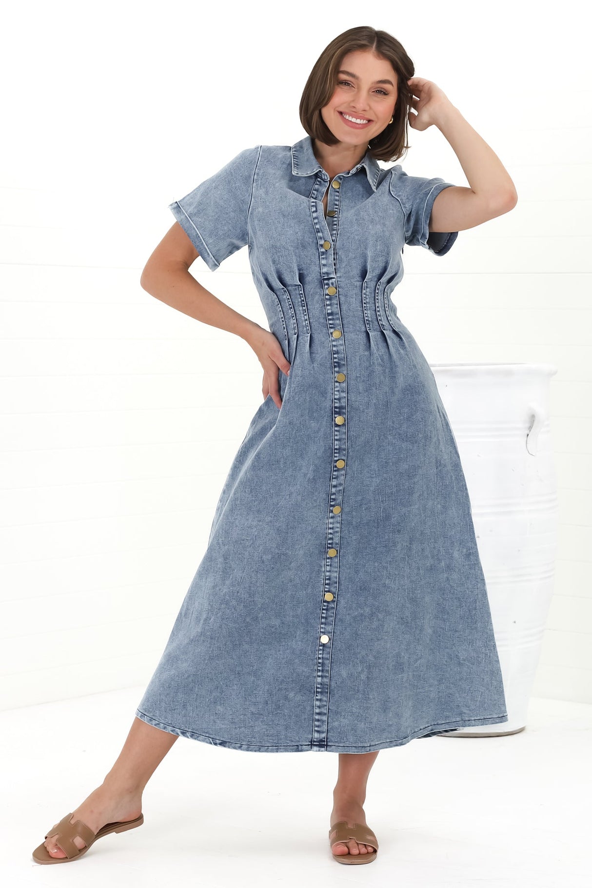 Sharlan Midi Dress - A-Line Button Detailed Denim Dress in Mid Denim Wash