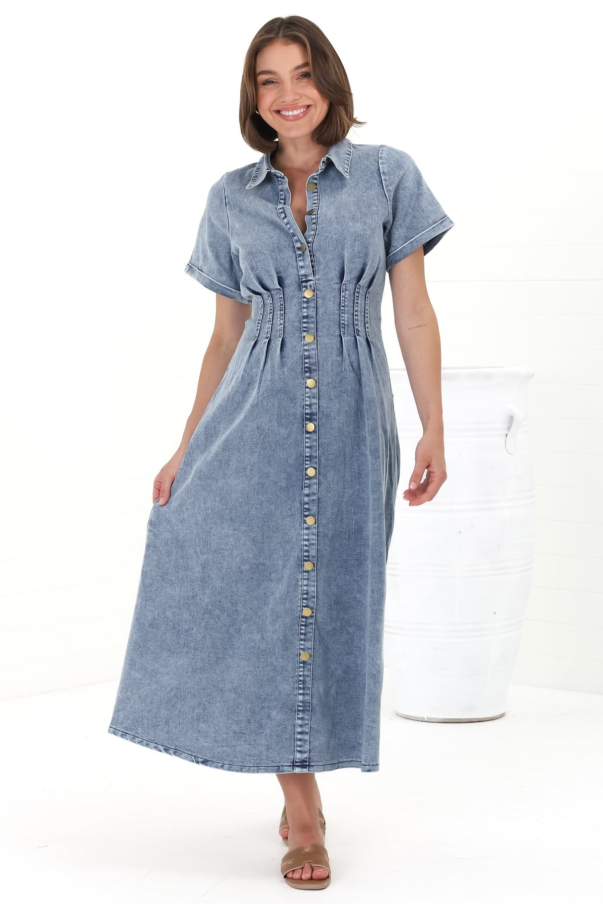 Sharlan Midi Dress - A-Line Button Detailed Denim Dress in Mid Denim Wash