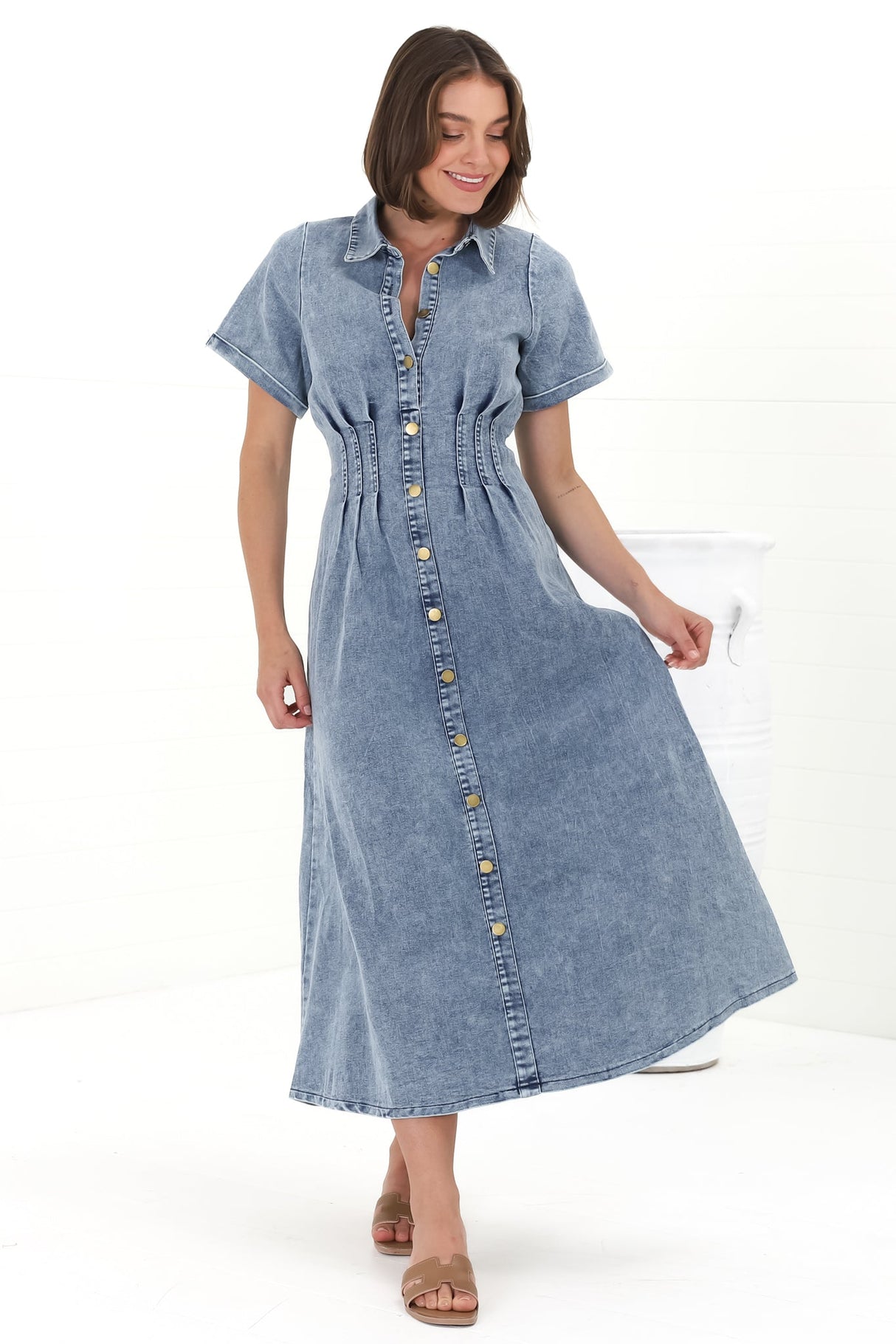 Sharlan Midi Dress - A-Line Button Detailed Denim Dress in Mid Denim Wash