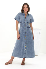 Sharlan Midi Dress - A-Line Button Detailed Denim Dress in Mid Denim Wash