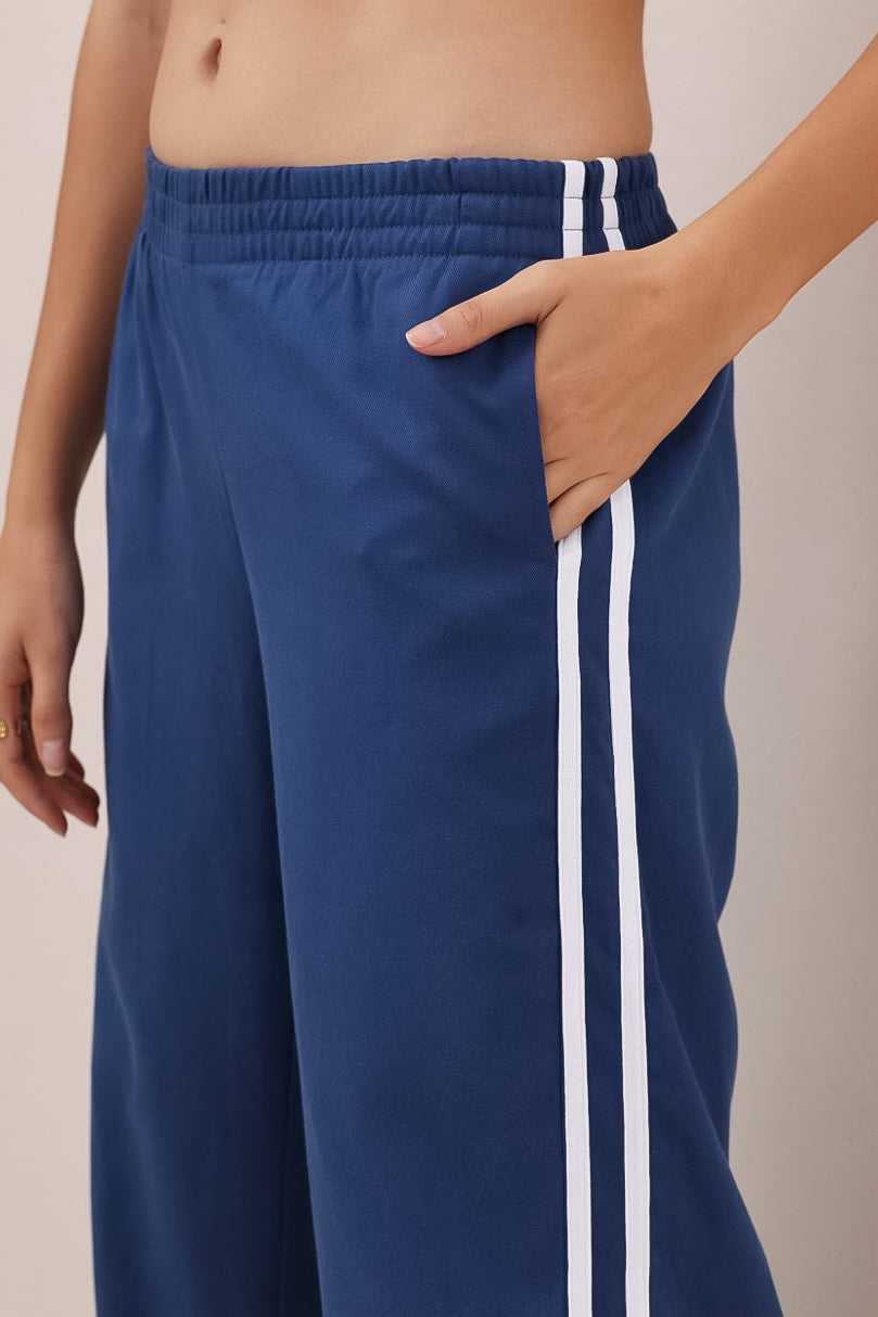 Shaw Pants - Double Contrast Stripe High Waisted Pants in Blue