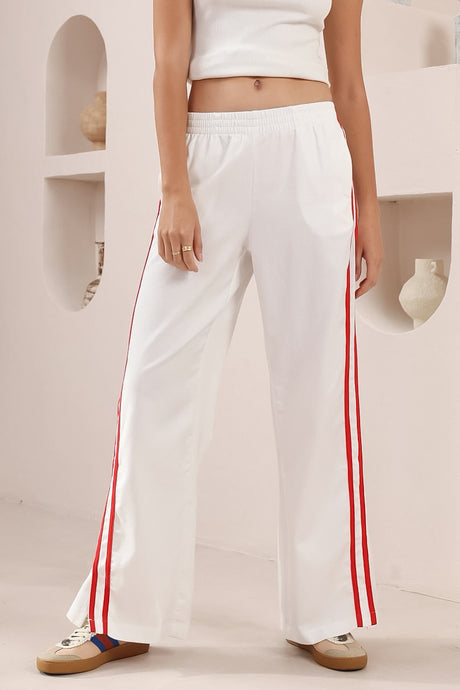 Shaw Pants - Double Contrast Stripe High Waisted Pants in White