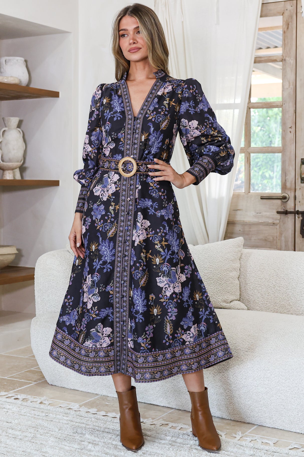 Shaylee Midi dress - Mandarin Collar Deep V-Neck A Line Button Down with Matching Belt in Luella Print