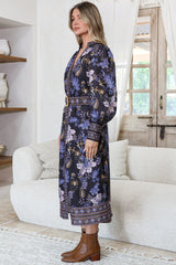 Shaylee Midi dress - Mandarin Collar Deep V-Neck A Line Button Down with Matching Belt in Luella Print