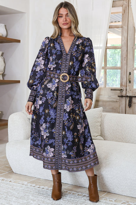 Shaylee Midi dress - Mandarin Collar Deep V-Neck A Line Button Down with Matching Belt in Luella Print