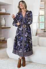 Shaylee Midi dress - Mandarin Collar Deep V-Neck A Line Button Down with Matching Belt in Luella Print