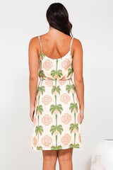 Shaynee Mini Dress - Spaghetti Strap Shift Sun Dress with Waist Tie in Palmetta Print