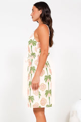 Shaynee Mini Dress - Spaghetti Strap Shift Sun Dress with Waist Tie in Palmetta Print