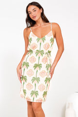 Shaynee Mini Dress - Spaghetti Strap Shift Sun Dress with Waist Tie in Palmetta Print