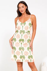 Shaynee Mini Dress - Spaghetti Strap Shift Sun Dress with Waist Tie in Palmetta Print