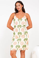 Shaynee Mini Dress - Spaghetti Strap Shift Sun Dress with Waist Tie in Palmetta Print