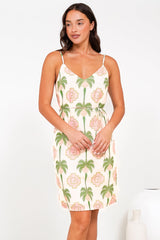 Shaynee Mini Dress - Spaghetti Strap Shift Sun Dress with Waist Tie in Palmetta Print