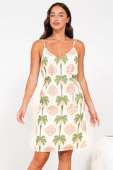 Shaynee Mini Dress - Spaghetti Strap Shift Sun Dress with Waist Tie in Palmetta Print