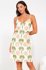 Shaynee Mini Dress - Spaghetti Strap Shift Sun Dress with Waist Tie in Palmetta Print