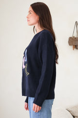 Shelby Jumper - Cowgirl Boot Graphic Long Sleeve Knit in Navy