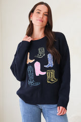 Shelby Jumper - Cowgirl Boot Graphic Long Sleeve Knit in Navy
